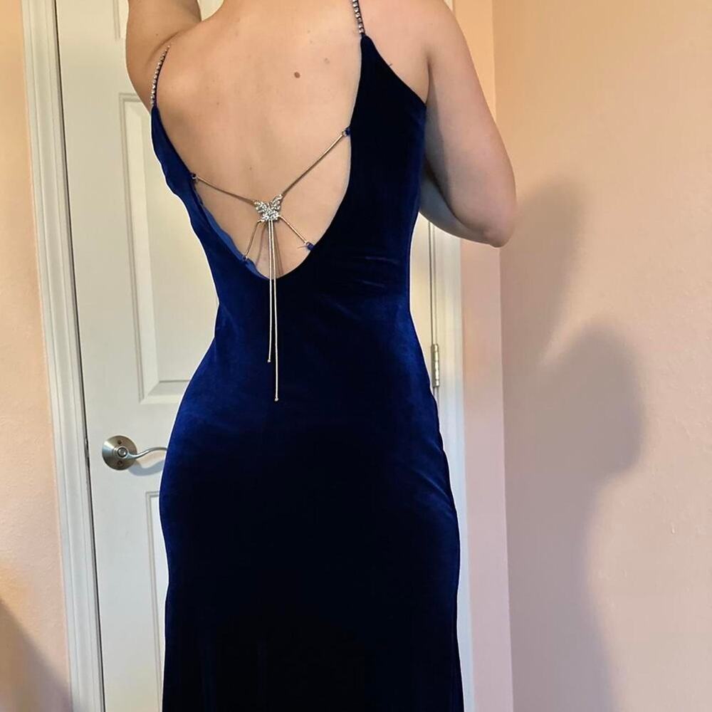 Vintage Y2K Niki by Niki Livas Formal Prom Dress Dark Blue Velvet Open Low Back